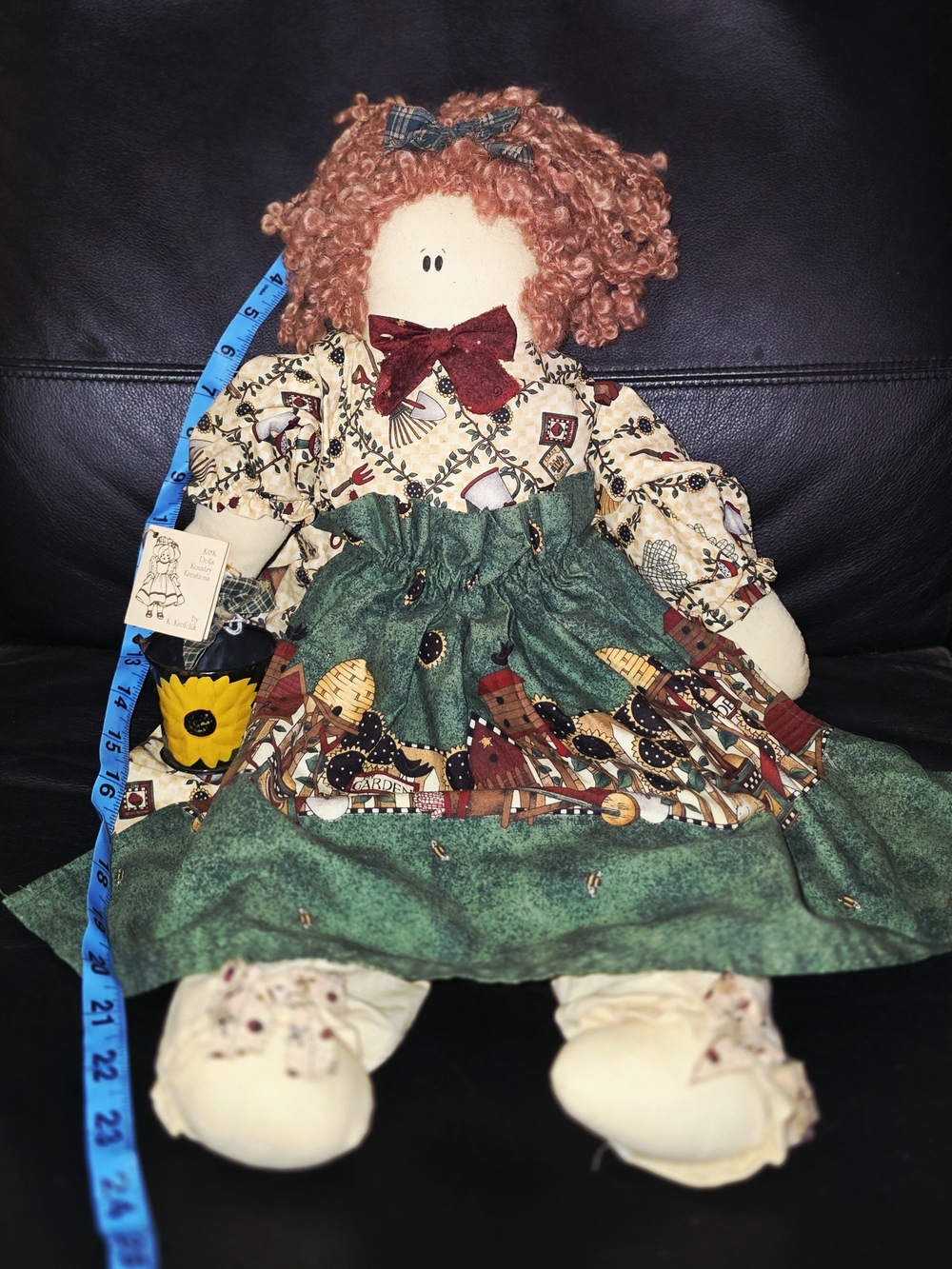 Handmade Cloth Doll with Curly Red Hair in Green Dress